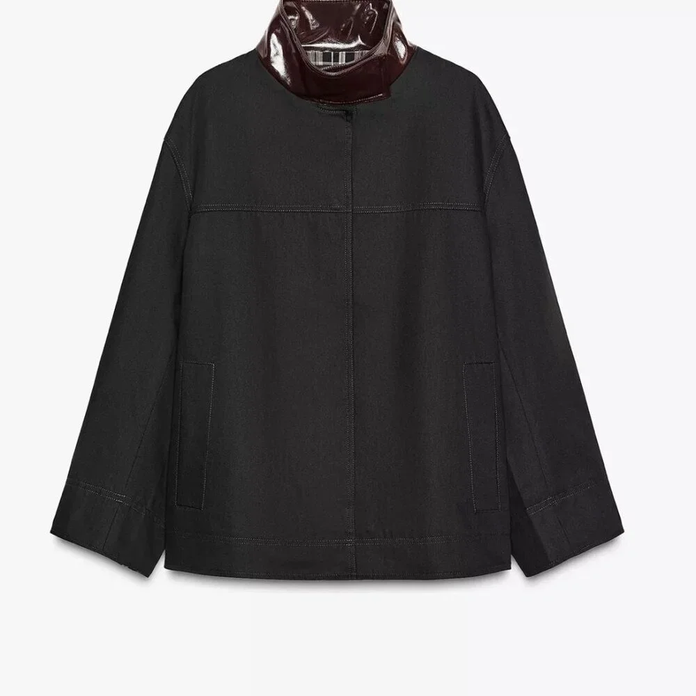 ZARA ZW Collection Contrast Collar Jacket – Black/Brown | EU Chic | New (No Tags - Picture 1 of 7